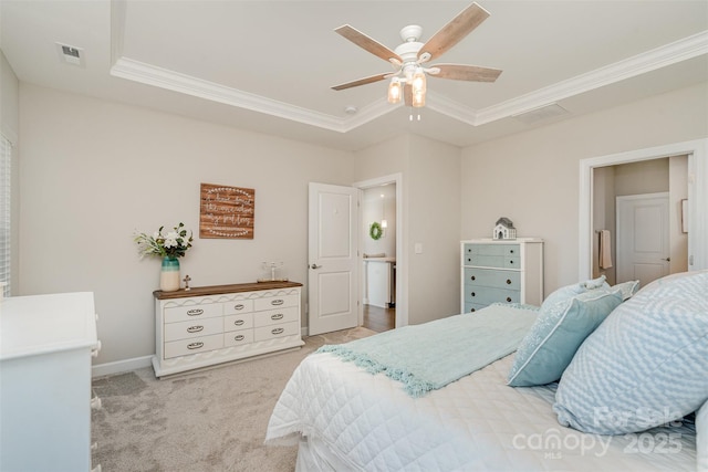 14707 Batteliere Dr, Charlotte, NC 28278 - bedroom featuring ornamental molding, a raised ceiling, visible vents, and light carpet