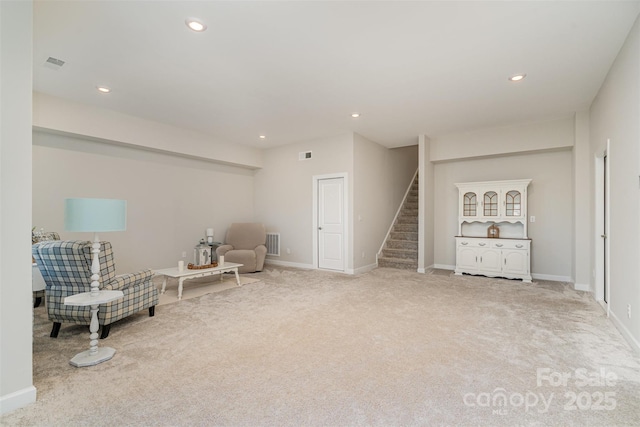 14707 Batteliere Dr, Charlotte, NC 28278 - sitting room featuring stairs, light carpet, visible vents, and recessed lighting