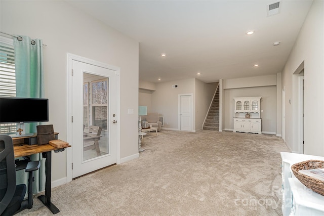 14707 Batteliere Dr, Charlotte, NC 28278 - interior space featuring recessed lighting, light carpet, visible vents, baseboards, and stairway