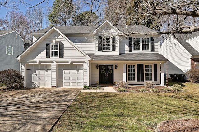 traditional home with a garage, driveway, a front lawn, and french doors