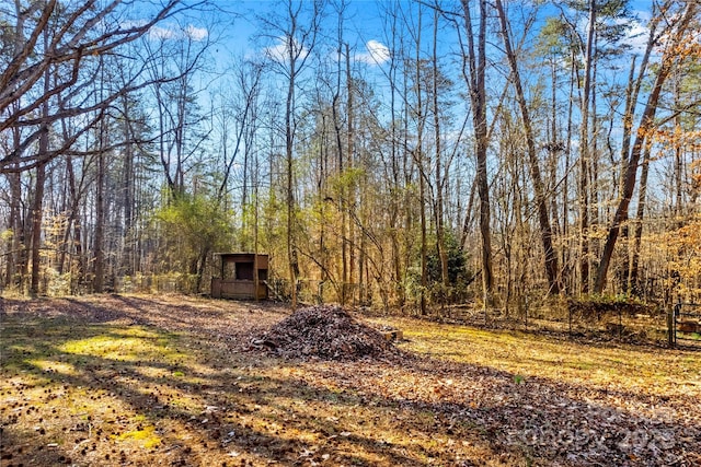 view of yard featuring a wooded view and an outdoor structure