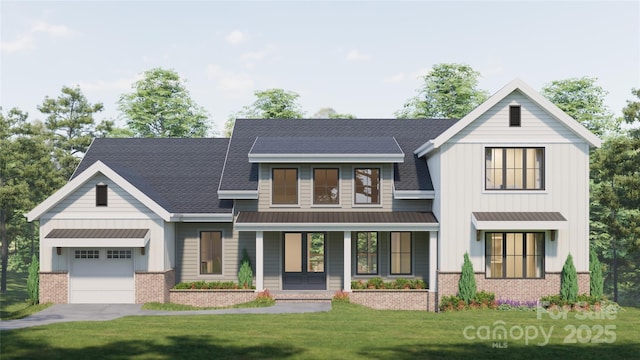 modern inspired farmhouse with a garage, brick siding, a standing seam roof, a porch, and a front yard