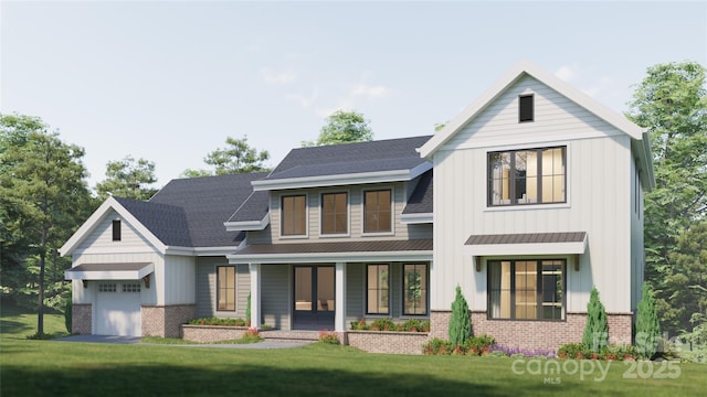 modern inspired farmhouse featuring a porch, an attached garage, a standing seam roof, a front lawn, and brick siding