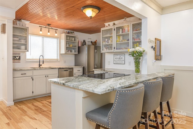 kitchen with stainless steel appliances, crown molding, a sink, and a peninsula