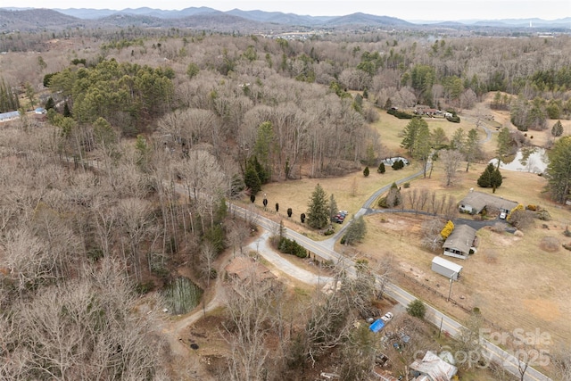 drone / aerial view featuring a rural view, a mountain view, and a view of trees