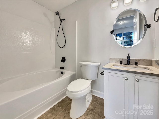 full bath with baseboards, toilet, tile patterned floors, vanity, and shower / bathing tub combination