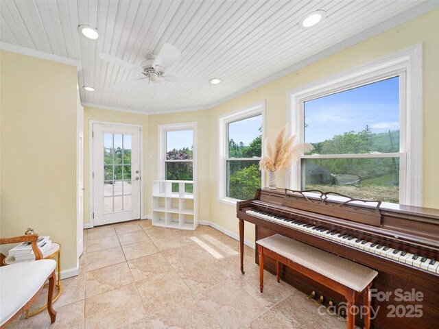 48 Meadowlark Ln, Spruce Pine, NC 28777 - sitting room with crown molding, recessed lighting, ceiling fan, baseboards, and light tile patterned floors