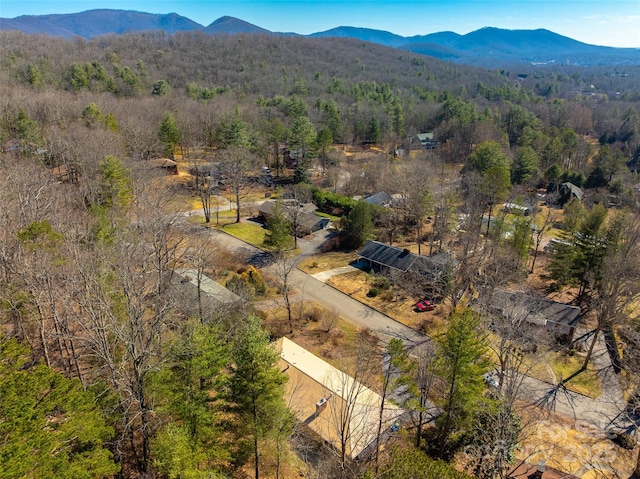 birds eye view of property featuring a wooded view and a mountain view