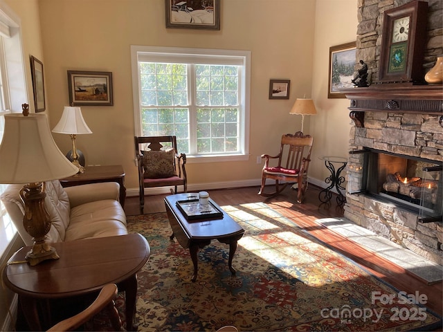 living area featuring a fireplace, baseboards, and wood finished floors