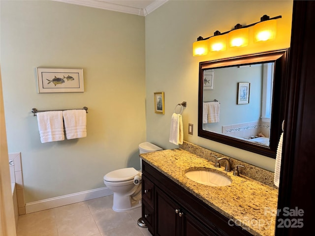 full bath with baseboards, toilet, ornamental molding, tile patterned floors, and vanity