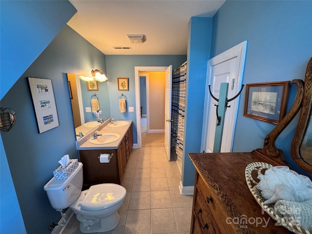 full bath with toilet, tile patterned flooring, visible vents, and a sink