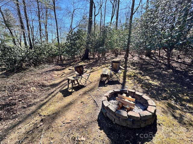 view of yard with a fire pit