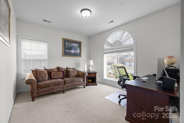 office area with light colored carpet, visible vents, and baseboards