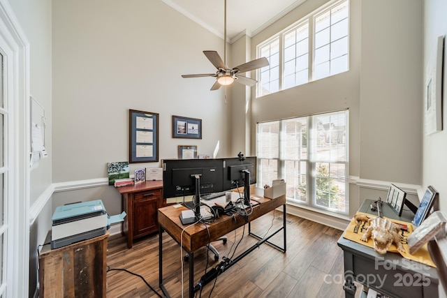 home office with crown molding, wood finished floors, a towering ceiling, and ceiling fan