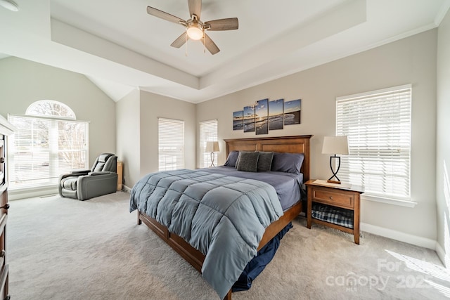 bedroom featuring light colored carpet, a tray ceiling, and multiple windows