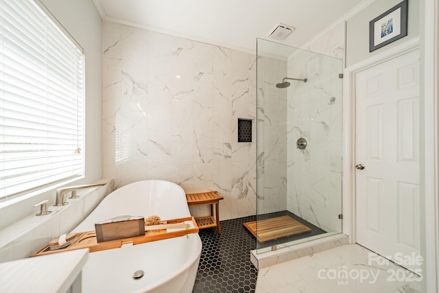 bathroom featuring a marble finish shower, a soaking tub, and crown molding