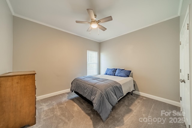 bedroom featuring baseboards, carpet, and ornamental molding