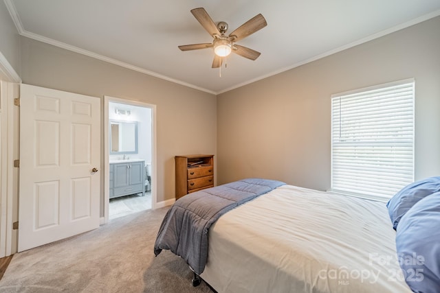 bedroom with light carpet, ceiling fan, crown molding, and baseboards