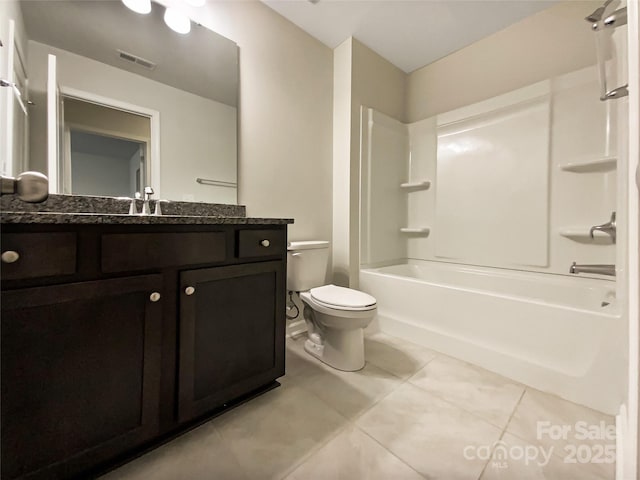 bathroom with toilet, visible vents, vanity, tub / shower combination, and tile patterned floors