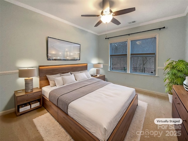 bedroom featuring light carpet, ornamental molding, visible vents, and baseboards