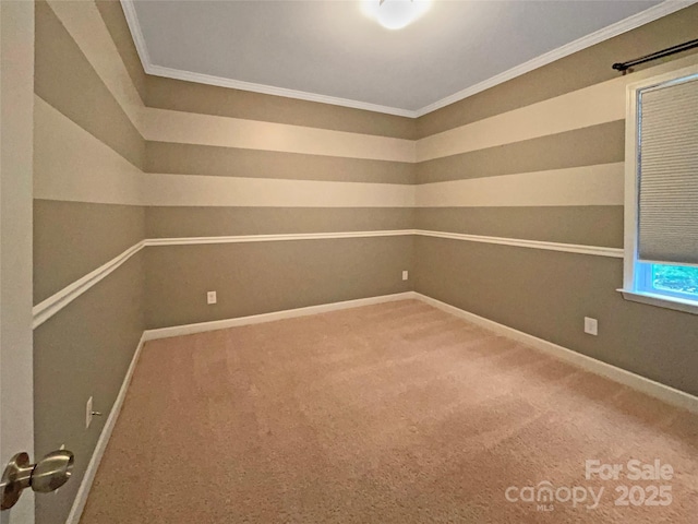 unfurnished room featuring baseboards, carpet flooring, and ornamental molding