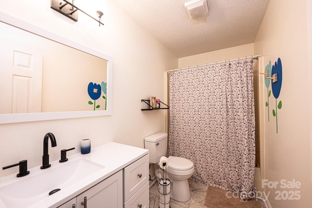 bathroom featuring toilet, shower / bath combination with curtain, a textured ceiling, and vanity