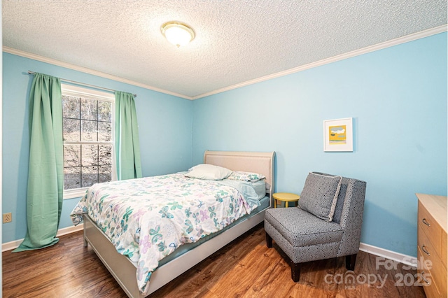 bedroom with baseboards, a textured ceiling, ornamental molding, and dark wood-type flooring