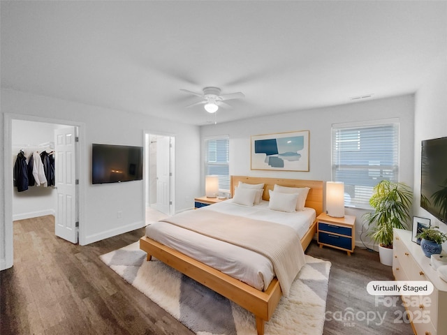 bedroom with a spacious closet, multiple windows, wood finished floors, and baseboards