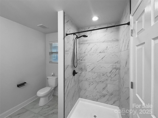 full bathroom featuring a stall shower, baseboards, visible vents, toilet, and marble finish floor