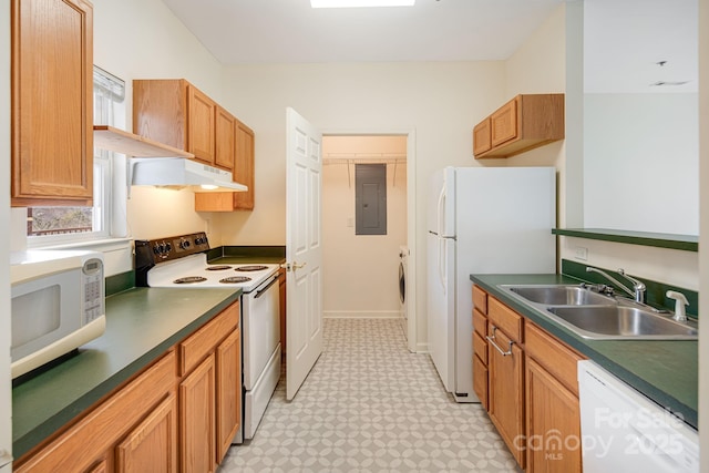 kitchen featuring extractor fan, white appliances, a sink, electric panel, and light floors