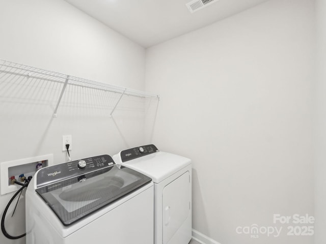 washroom with laundry area, washer and clothes dryer, visible vents, and baseboards