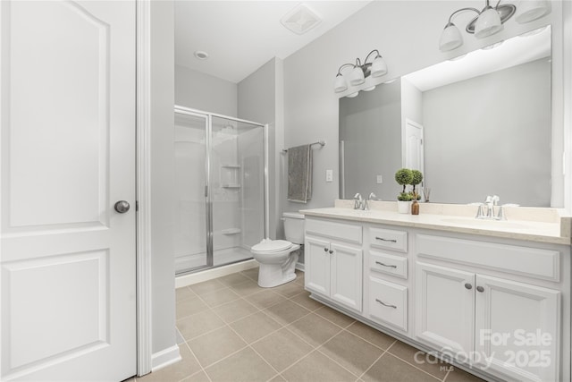 bathroom with a stall shower, tile patterned flooring, a sink, and toilet