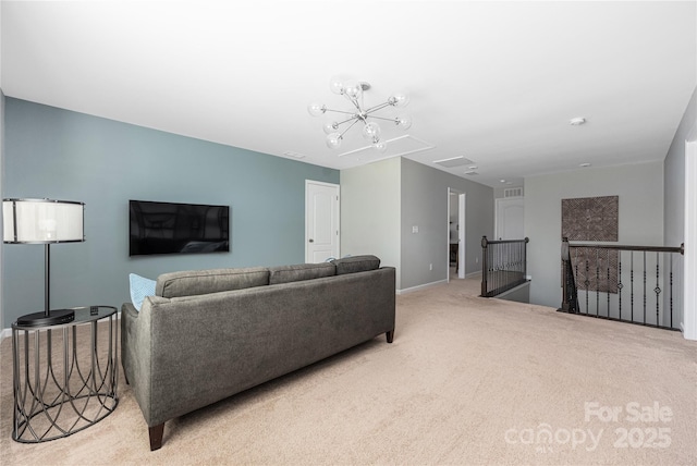 carpeted living room featuring baseboards