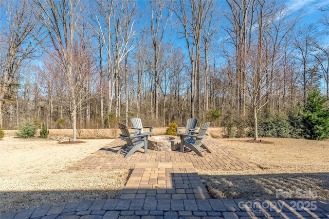 view of yard featuring a patio area and an outdoor fire pit