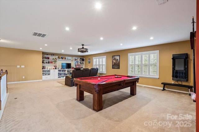 game room with light carpet, visible vents, recessed lighting, and pool table