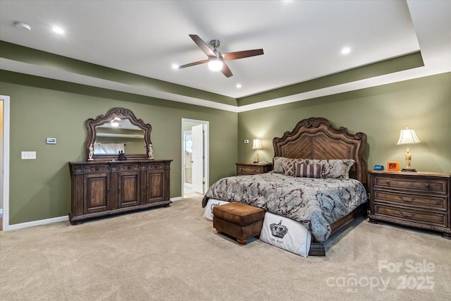 bedroom with carpet flooring, recessed lighting, ensuite bath, and baseboards