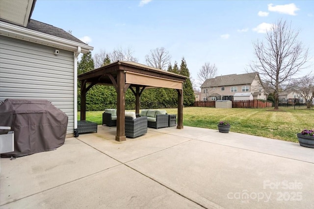 view of patio / terrace featuring a gazebo, grilling area, outdoor lounge area, and fence