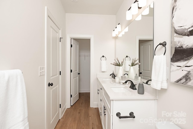 bathroom featuring double vanity, wood finished floors, and a sink