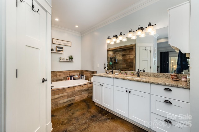 bathroom featuring ornamental molding, a tile shower, vanity, concrete floors, and a bath