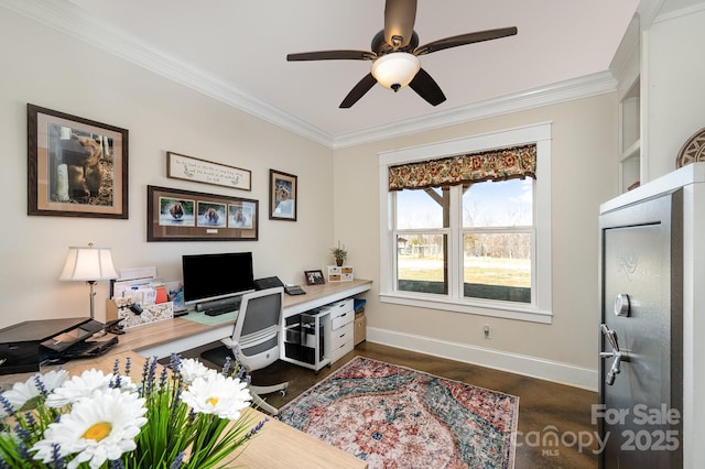 office with dark wood-style flooring, crown molding, baseboards, and ceiling fan