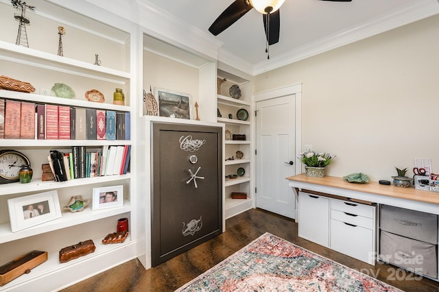 sitting room with ceiling fan, built in shelves, and crown molding