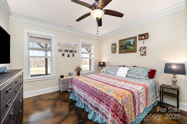 bedroom with finished concrete flooring, visible vents, baseboards, a ceiling fan, and crown molding