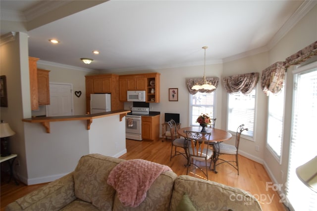 living room featuring a chandelier, a healthy amount of sunlight, light wood-style floors, and crown molding