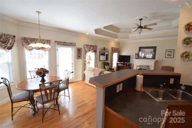 kitchen with a fireplace, a sink, ornamental molding, light wood-type flooring, and dark countertops