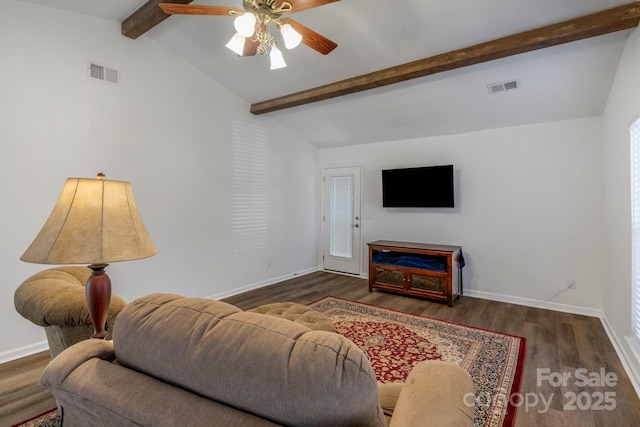 living area with dark wood-style flooring, visible vents, lofted ceiling with beams, and baseboards