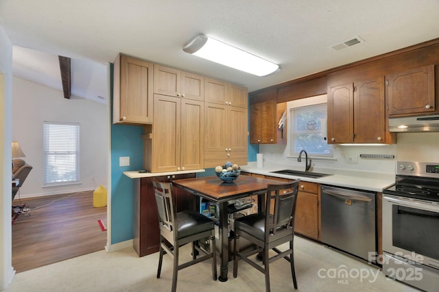 kitchen featuring appliances with stainless steel finishes, light countertops, a healthy amount of sunlight, under cabinet range hood, and a sink