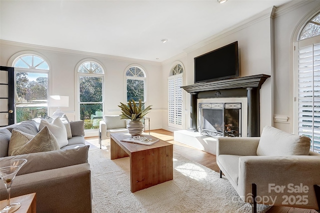 living room with light wood-style floors, ornamental molding, and a fireplace with raised hearth