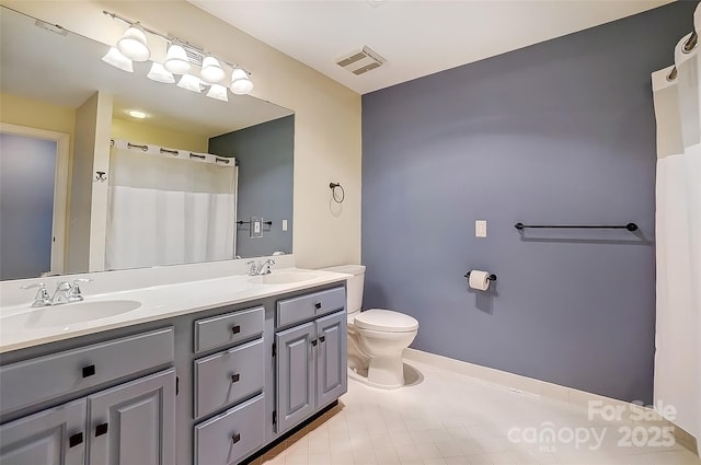 full bath featuring toilet, double vanity, visible vents, and a sink