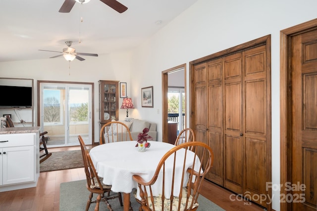 dining space featuring vaulted ceiling, plenty of natural light, a ceiling fan, and light wood-style floors