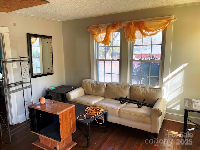 living area with a textured ceiling, dark wood finished floors, and baseboards